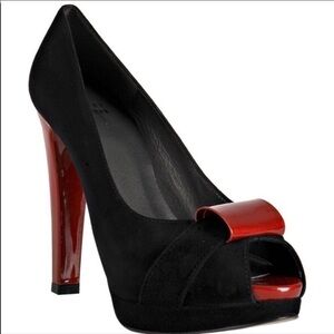 STUART WEITZMAN Puente Black & Red Peep Toe Pumps